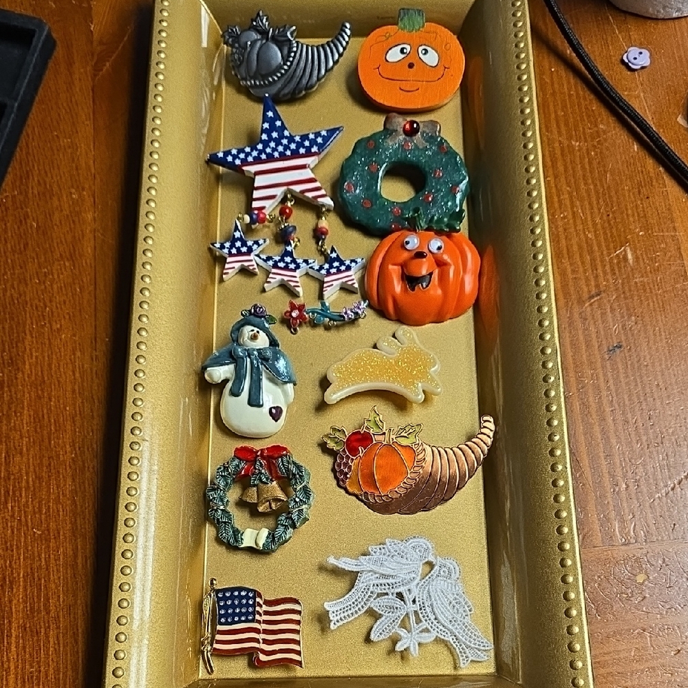 Festive Holiday Brooch 12 Piece Set Christmas Halloween Thanksgiving Easter July